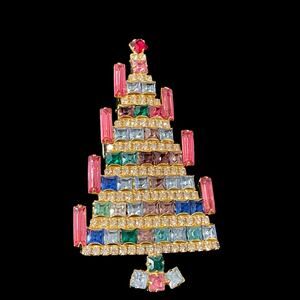 Vintage Dominique Candle Christmas Tree Brooch Pin Rhinestone Jewelry Signed
